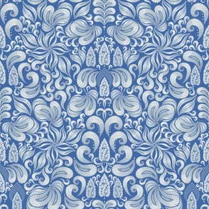 Damascus. Fabulous abstract white flowers on a blue background