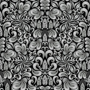 Damascus. Fabulous abstract white flowers on a black background