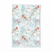 Winter Robins on Branches and Snow Blue TOWEL