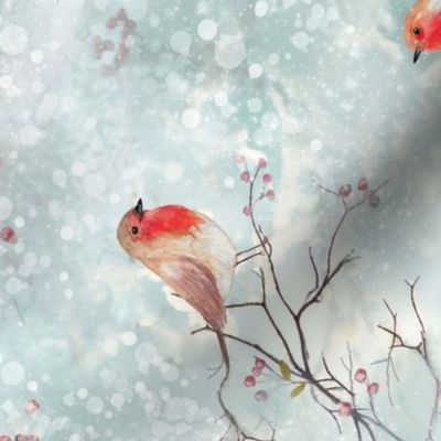 Winter Robins on Branches and Snow Blue TOWEL