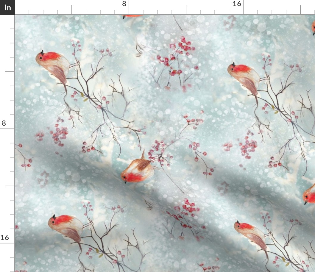Winter Robins on Branches and Snow Blue TOWEL