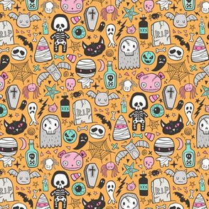 Halloween Doodle Skulls,Spiders,Skeleton,Bat, Ghost,Web, Zombies on Orange Smaller Tiny 1,5 inch