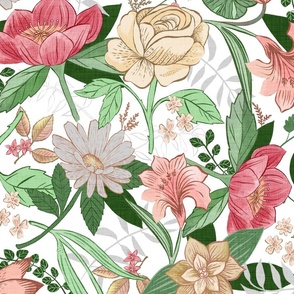 Flowers for Ashley - pink and green - large repeat