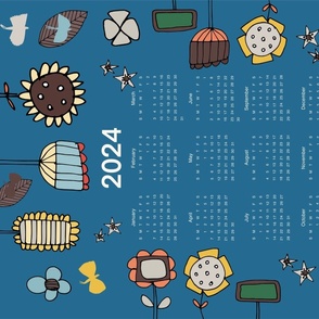 2024 Tea Towel Calendar - Cute Retro Floral Blue