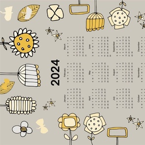 2024 Tea Towel Calendar - Cute Retro Floral Grey