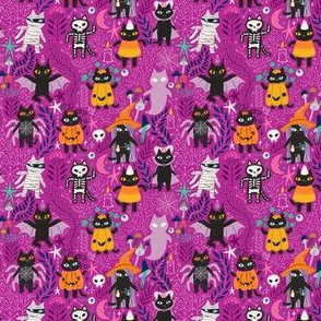 Tiny. MASK SCALE. Black Halloween Cats on purple