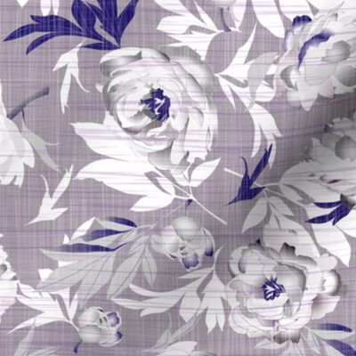 peonies gray-purple on linen texture