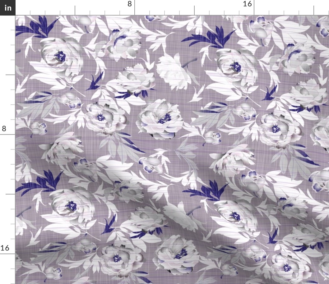 peonies gray-purple on linen texture