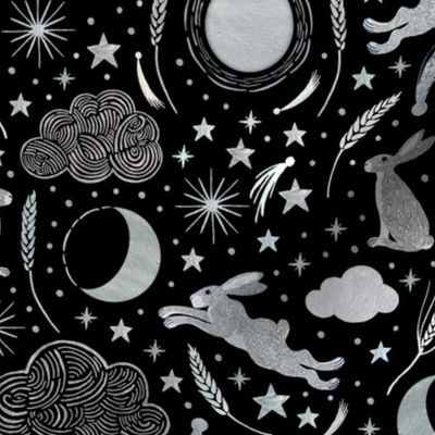 Harvest Moon Hares - Silver on black