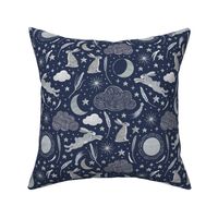 Harvest Moon Hares - Silver on indigo