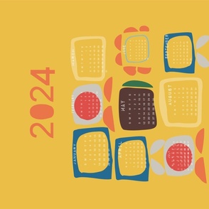2024 Tea Towel Calendar Retro Block Yellow- Mid Century Geometric Vintage Abstract Style