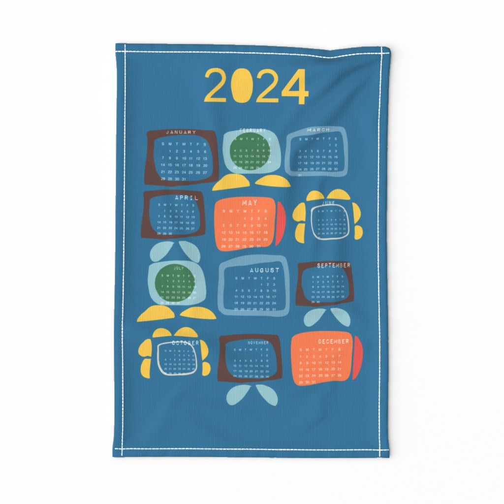 2024 Tea Towel Calendar Retro Block Blue - Mid Century Geometric Vintage Abstract Style