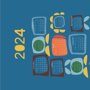 2024 Tea Towel Calendar Retro Block Blue - Mid Century Geometric Vintage Abstract Style