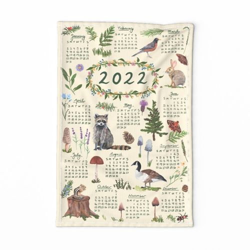 Chalet Spoonflower Tea Towel 2022 Calendar Mountain Woodland Chalet Bear Linen Cotton 