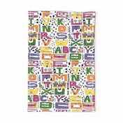 super silly anthropomorphic abc alphabet letters tea towel, purple green yellow orange pink black white