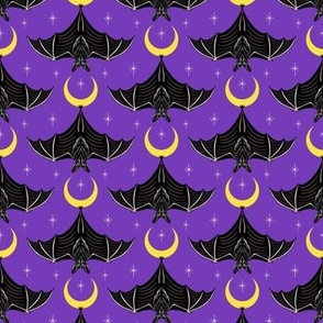 Hanging Bats and Crescent Moon | Purple Black Yellow 