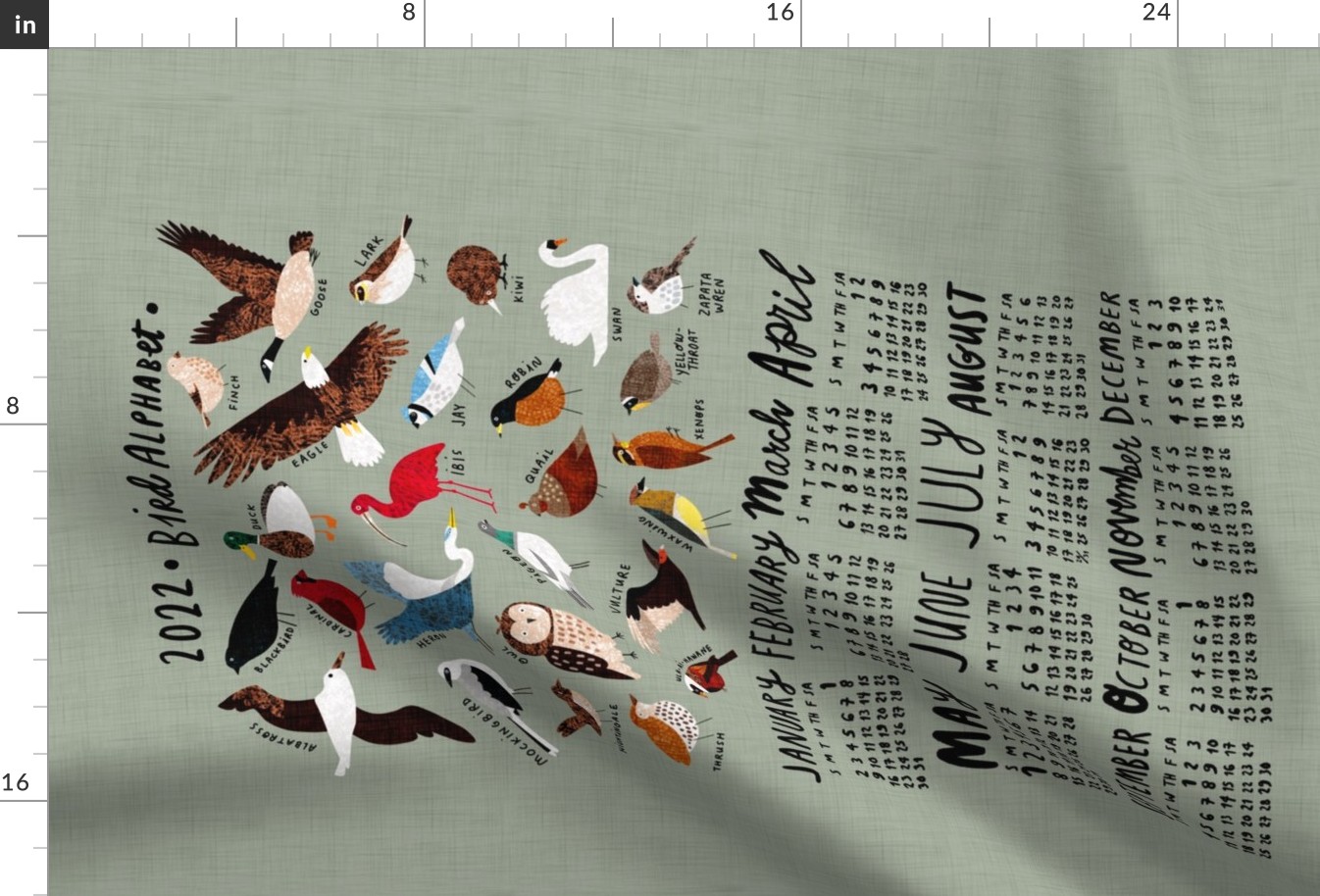 An Alphabet of Birds 2022 calendar tea towel (light green)
