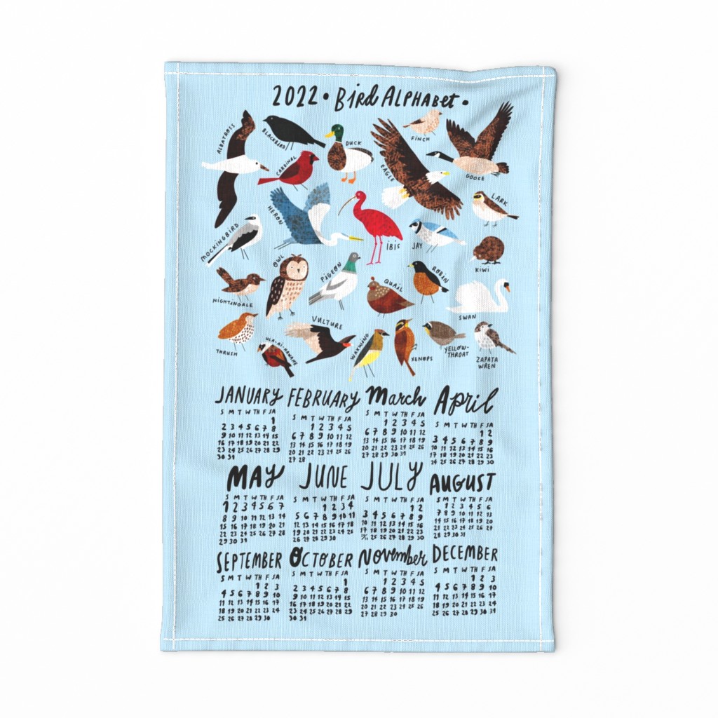 An Alphabet of Birds 2022 Calendar Tea Towel in sky blue