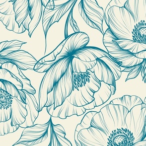 Large Scale Teal Poppy Flowers on Cream Background | V2