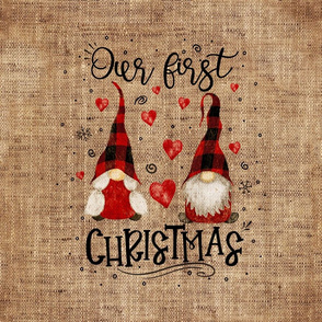 First Christmas Red Buffalo Plaid Gnomes on burlap - 18 inch square