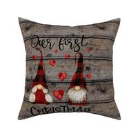 First Christmas Red Buffalo Plaid Gnomes on barnwood - 18 inch square