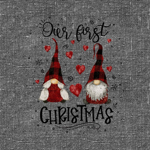 First Christmas Red Buffalo Plaid Gnomes on grey linen - 18 inch square