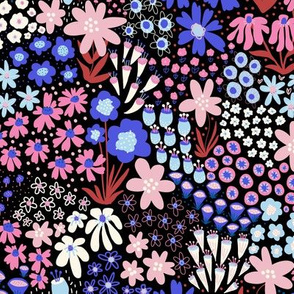 Winter Flower Meadow Pink Blue White On Black - Small Scale
