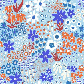 Winter Flower Field - Blue White Orange Small Scale