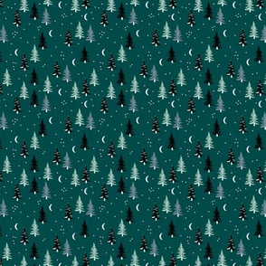 Christmas forest pine trees and snowflakes winter night new magic moon boho green mint black XS
