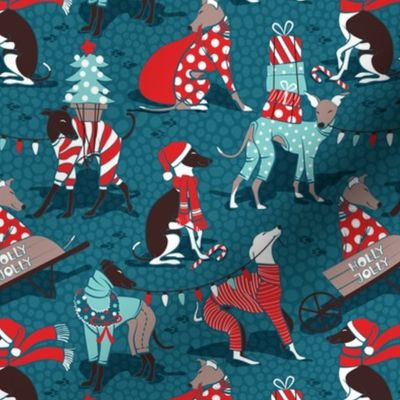 Small scale // Greyhounds Christmas dogwalk // dark teal background