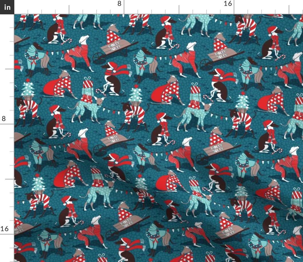 Small scale // Greyhounds Christmas dogwalk // dark teal background