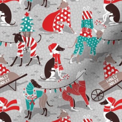 Small scale // Greyhounds Christmas dogwalk // grey background