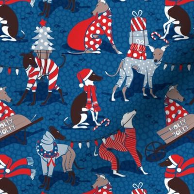 Small scale // Greyhounds Christmas dogwalk // blue background