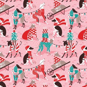 Tiny scale // Greyhounds Christmas dogwalk // pastel pink background
