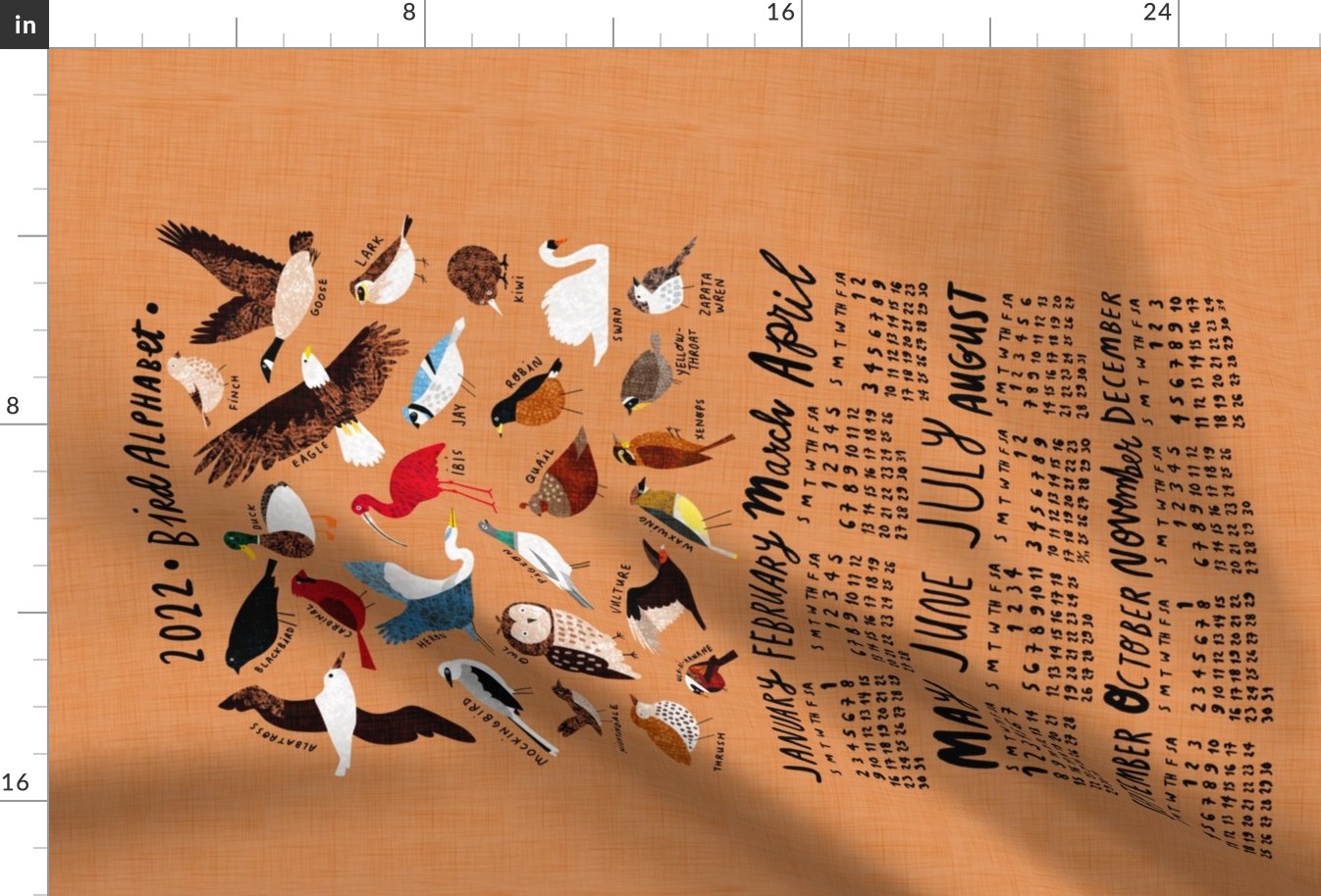 An Alphabet of Birds 2022 calendar tea towel (terra cotta)
