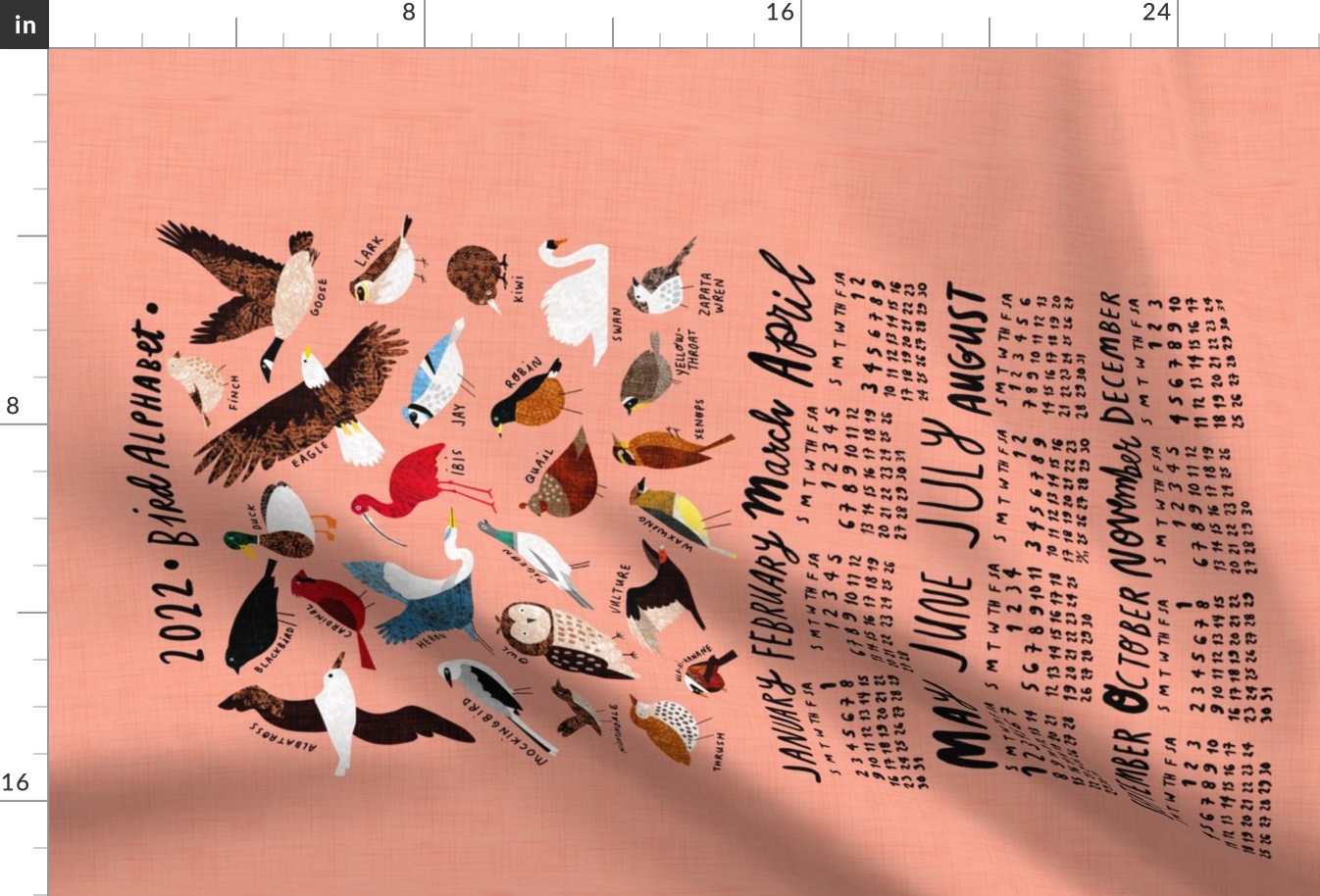 An Alphabet of Birds 2022 calendar tea towel (pink)