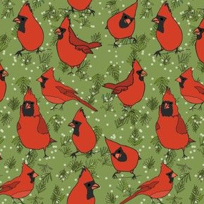 Fat Red Cardinals in Winter - green