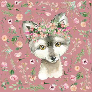 18x18" pink floral baby wolf patch on dusty rose background