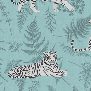 white tigers in wild field - light gray and blue