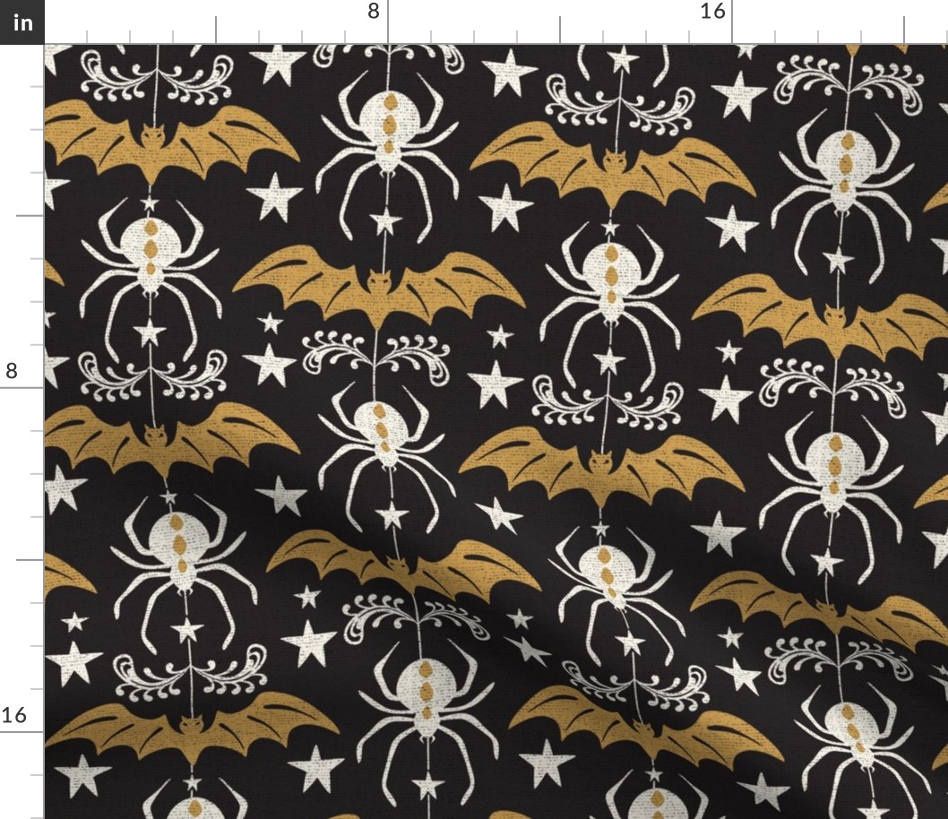 Night Creatures - Halloween Bats and Spiders Black Gold Large Scale