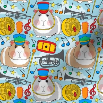 guinea pigs in a marching band on blue