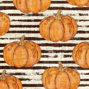 Orange Painted Pumpkins on Distressed Striped Burlap -large scale 