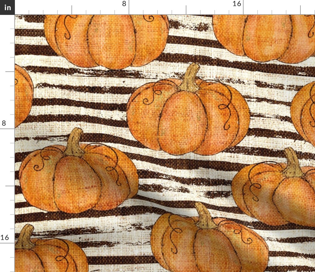 Orange Painted Pumpkins on Distressed Striped Burlap -large scale 
