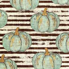 Blue Painted Pumpkins on Distressed Striped Burlap -large scale 