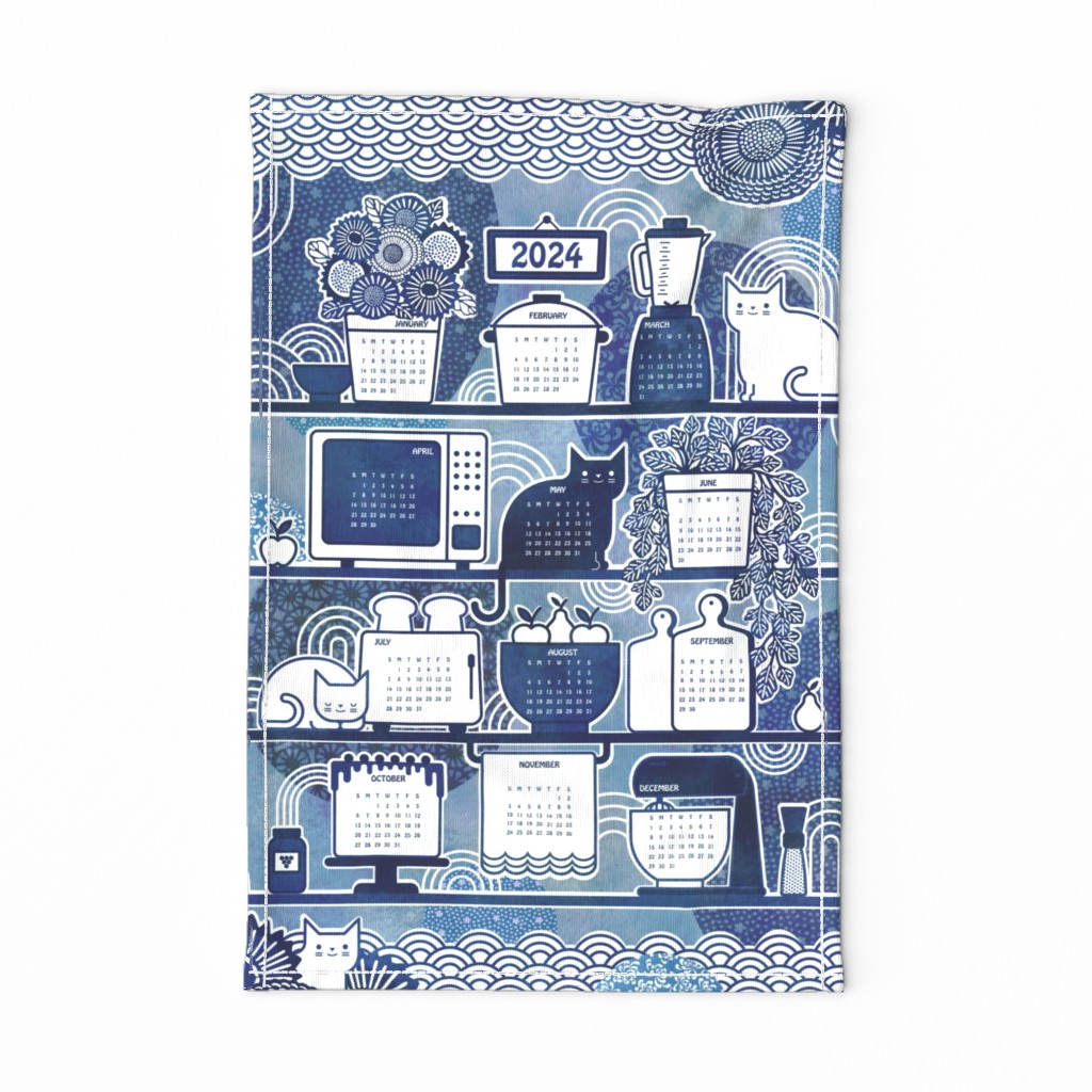 2024 Tea Towel Calendar- Cats in the Kitchen- Navy Blue and White Cute Cat- Kawaii Ramen Pets- Japanese Novelty Pet