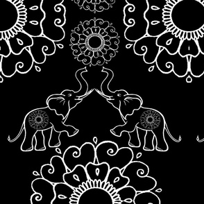 Wild Elephant - Fertility - Mandala Mehndi Flower - Floral Pattern #2 Black