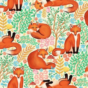 Little Foxes in a Fantasy Forest on Cream - Small Scale