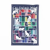 Rainbow bookshelf 2024 Calendar Tea Towel // navy blue background white book shelves and library cats multicoloured books