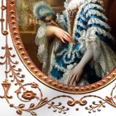 baroque queen princess queen diamond pearl necklaces lace crowns ribbon brooch ruffles flounce blue dress gowns fairy tales gold filigree earrings castle tiara garden Victorian oval border stars frame floral flowers leaves vines swirls blond hair ornate b
