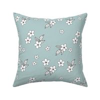 Tiny flowers and petals sweet hibiscus blossom tropical vintage style garden neutral nursery baby blue